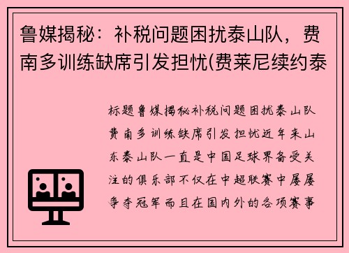 鲁媒揭秘：补税问题困扰泰山队，费南多训练缺席引发担忧(费莱尼续约泰山)